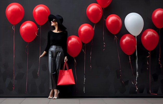 Foto foto di una donna con una borsa per la spesa su nero banner di vendita del venerdì nero con copia di spazio generativo ai