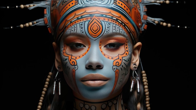 파란색과 주황색으로 화려한 얼굴 페인트를 칠한 여성의 사진