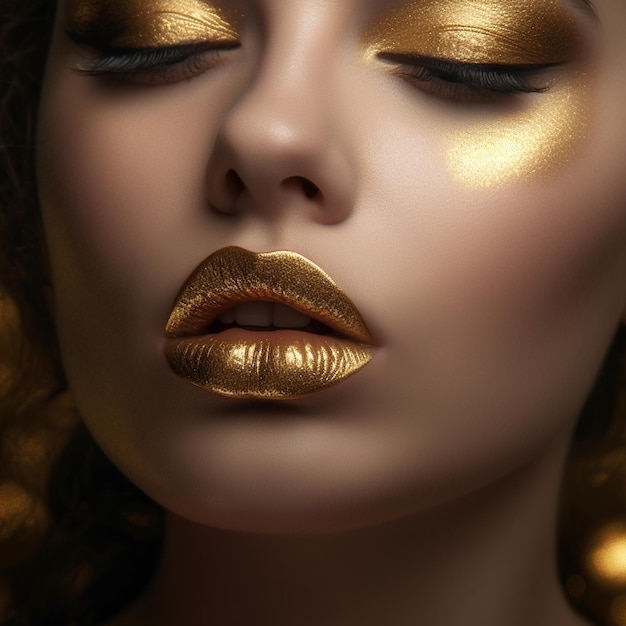 Photo a woman with a gold face and golden makeup a gold glitter on her face