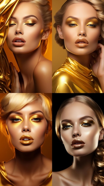 Photo a woman with a gold face and golden makeup a gold glitter on her face