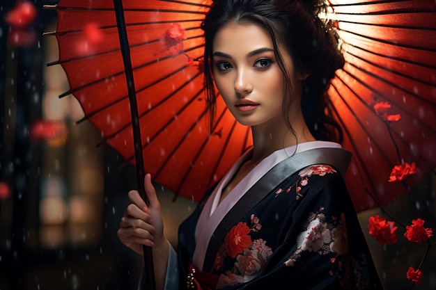 Photo photo woman with kimono and wagasa umbrella