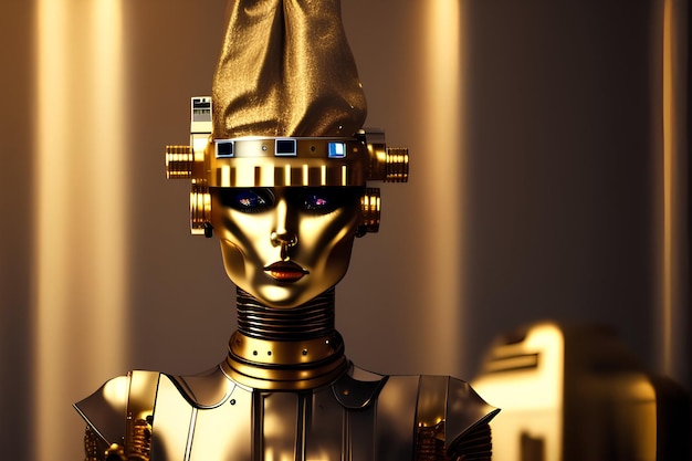 Photo a woman with a robot head and a gold head girl image