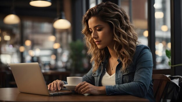 photo woman working on cafe with computer