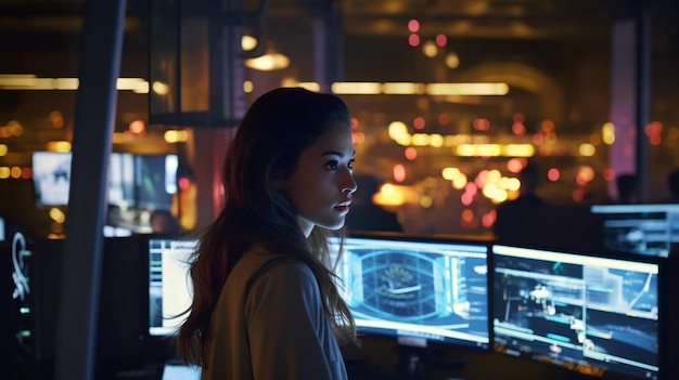 Photo photo of a woman working with multiple computer monitors