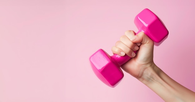 Photo photo of womans hand lifting a hot pink dumbbell in front of pink background monochrome