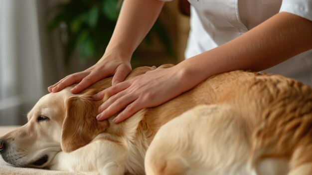 犬の背中にプロのマッサージをしている女性の手の写真