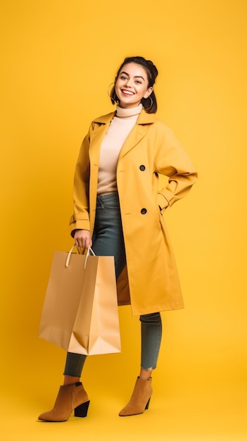 Photo a women happy with shopping bag with yellow background