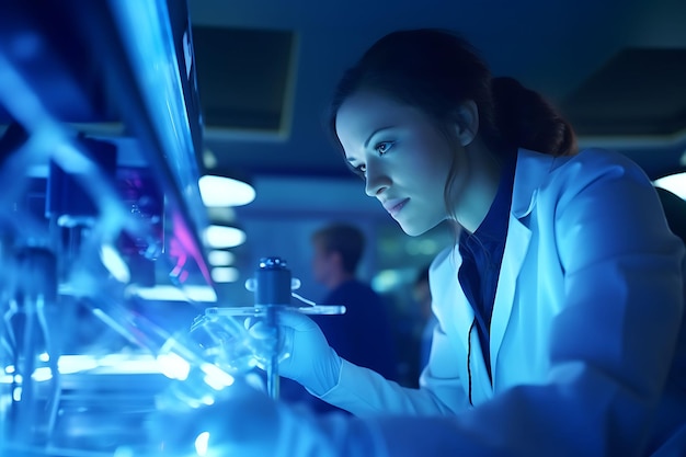 Photo of women in stem with lab equipment neon blue for innovation in world women day concept ideas