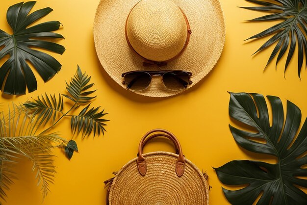 Photo womens accessories traveler bamboo bag straw hat tropical palm leaves monstera on yellow backg