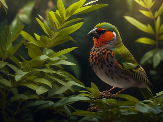 緑の暗いジャングルに座っている素晴らしいかわいいフィンチ鳥の動物をデジタル一眼レフカメラで写真に撮ります