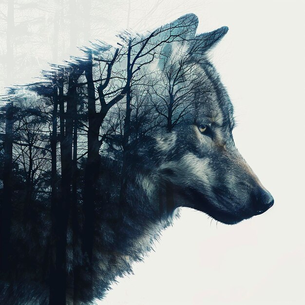 Photo photo wondrous brown wolf in double exposure with natural jungle