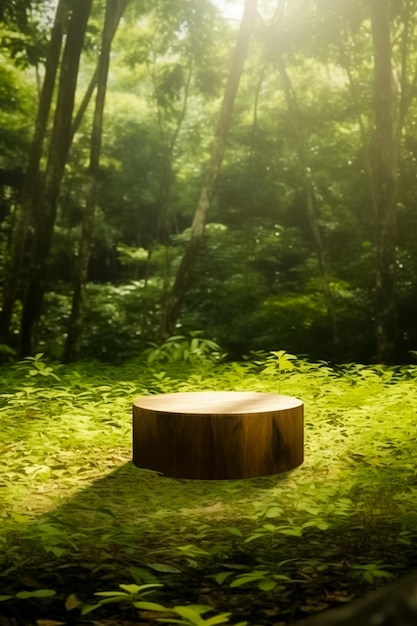 Photo wood pedestal for product presentation tropical forest background Ai generated