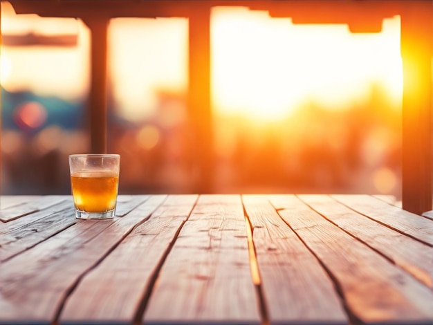 Photo a wooden base with a cup sunrise background