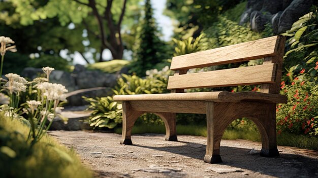 A photo of a wooden bench in a garden