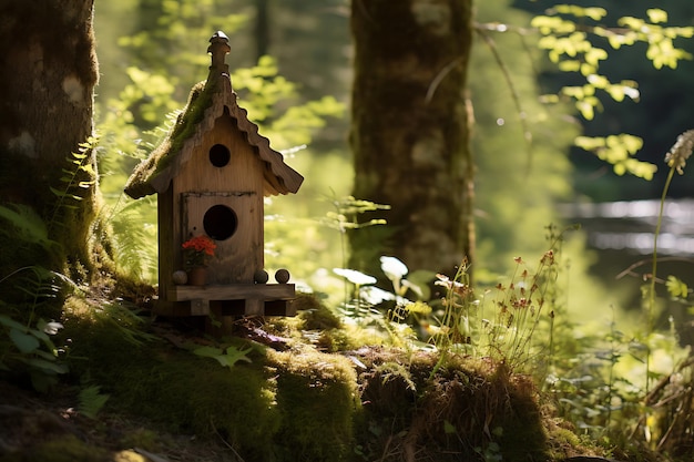 森の晴れ地にある木製の鳥居の写真