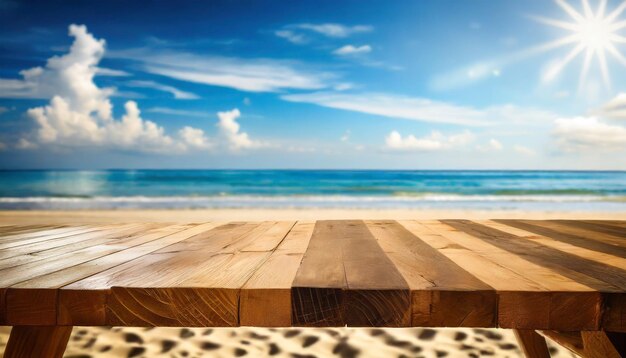 photo wooden board empty table in front of blue sea amp sky background generated by AI