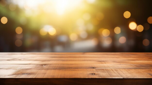 Photo wooden board empty table top on of blurred background