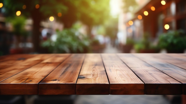 Photo wooden board empty table top on of blurred background