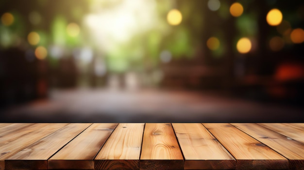 Photo wooden board empty table top on of blurred background