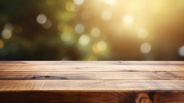 Photo wooden board empty table top on of blurred background