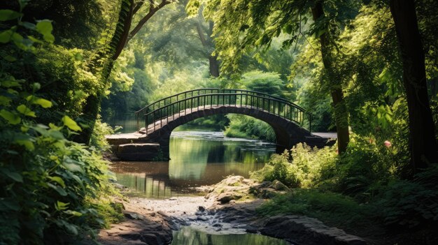 A photo of a wooden bridge over a tranquil stream lush greenery