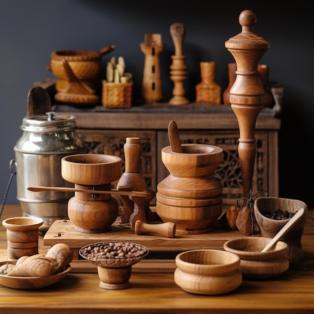 photo wooden cooking equipment on kitchen counter