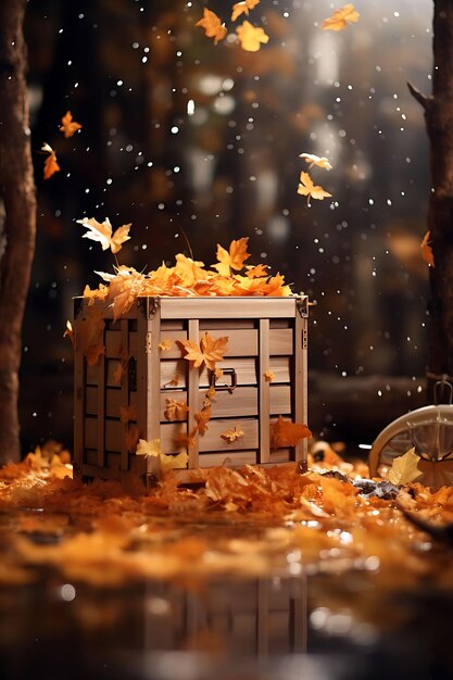 Photo of wooden crate box cosmetic surrounded by floating autumn leav cosmetic packaging concept