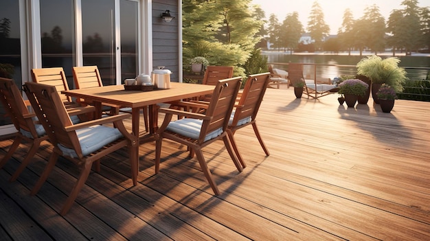 A photo of a wooden deck with outdoor furniture