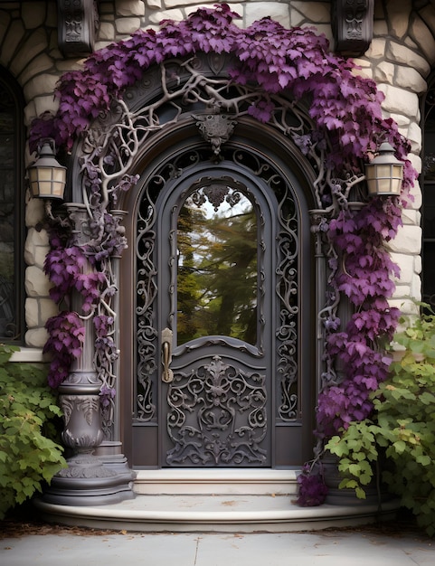 Фото деревянная дверь с витражом с цветочным венком на ней генеративный ai