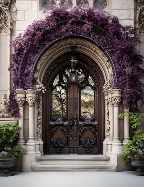 Photo wooden door with stained glass with flower wreath on it generative ai