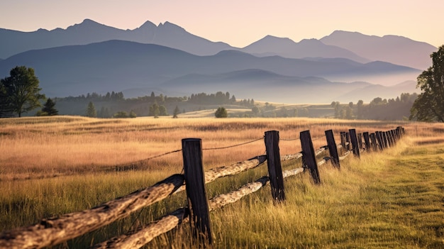 Photo a photo of a wooden fence in a meadow distant mountains