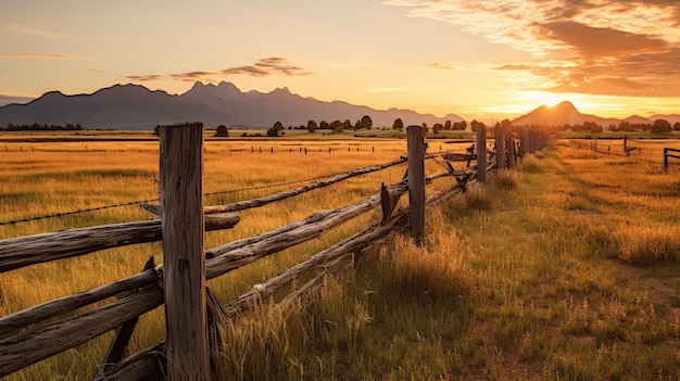 A photo of a wooden fence in a pasture with mountains in the distance