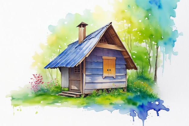 Photo of a wooden house in nature in watercolor style