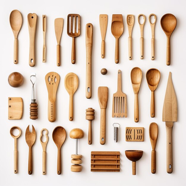 Photo wooden kitchen utensils on white background