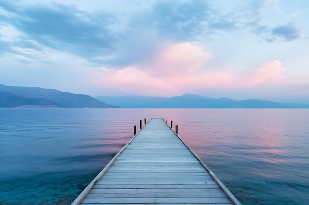 Foto foto di un molo di legno che si estende in un paesaggio pacifico di mare calmo