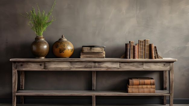Фото Фото деревянный стол-буфет с книгами и растением
