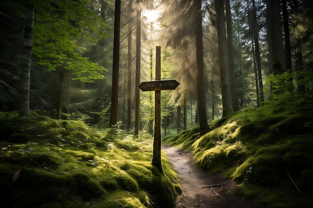 Photo of Wooden signpost on a forest trail