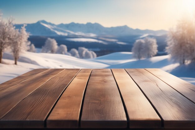 Photo wooden table looking out to a snowy landscape for product disply background