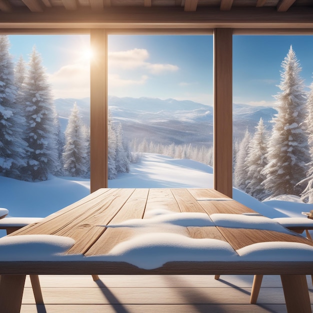 Photo photo wooden table looking out to a snowy landscape for product disply background