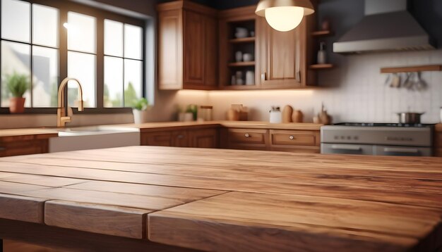 木製のテーブルの上部の写真はブルーキッチン部屋の背景3Dレンダリング