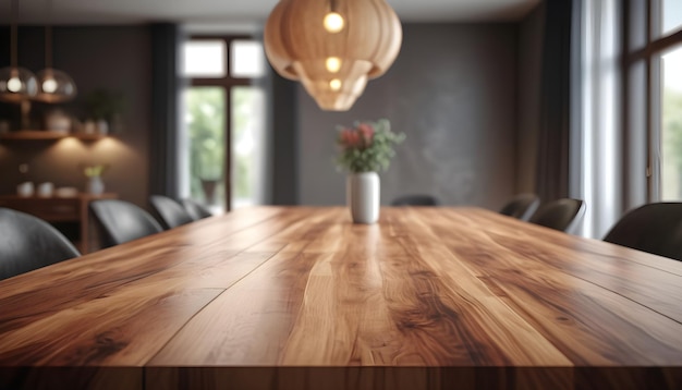Photo wooden table top on blurred dining room backgroundmodern contemporary dining room interior3d