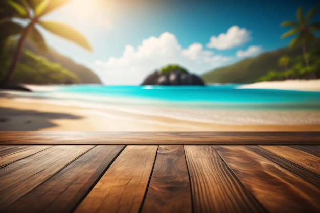 Photo wooden table with background tropical beach for product stand