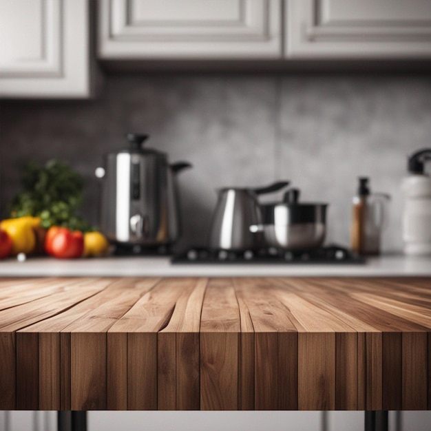 Photo wooden top table in kitchen room interior for product display background