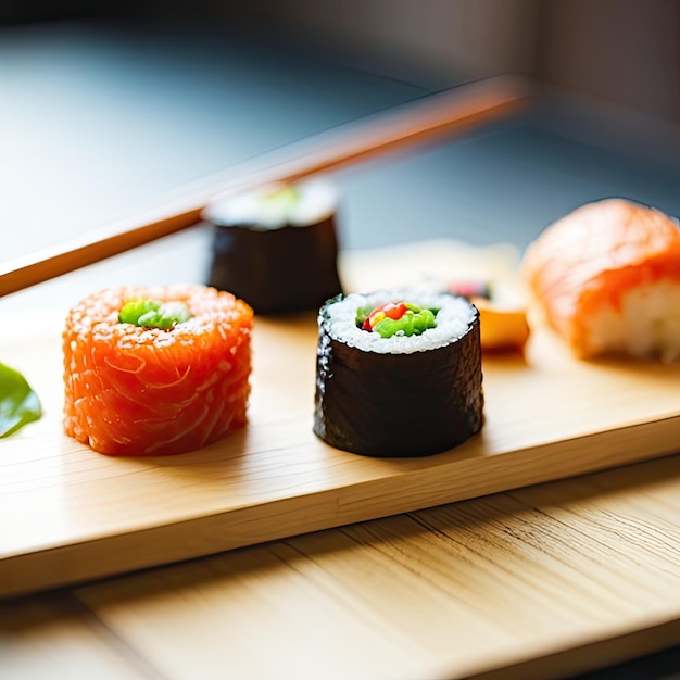 Photo of a wooden tray topped with a colorful array of sushi and traditional chopsticks