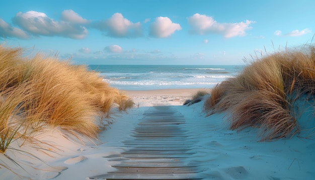 Photo of a wooden walkway that crosses an area of high undulating dunes and opens onto a wide flat