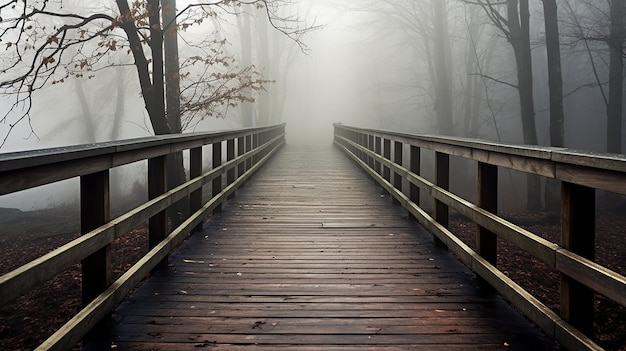 Photo wooden walkways with thick fog