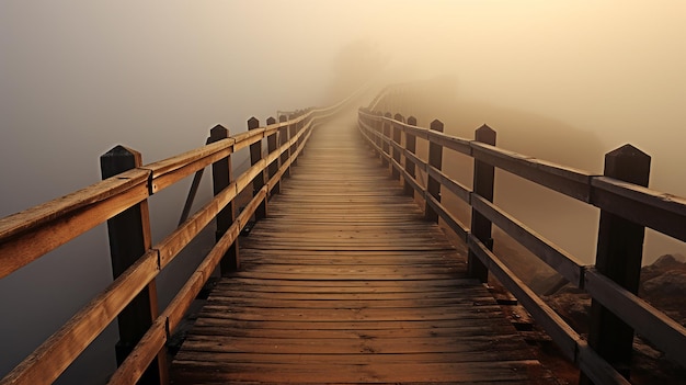 Photo wooden walkways with thick fog