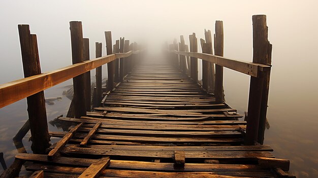 Foto foto passerelle in legno con fitta nebbia