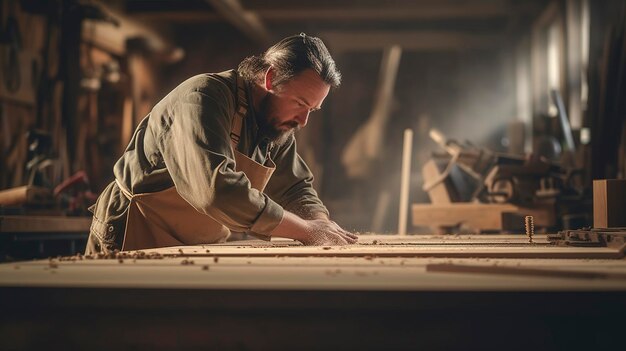 A photo of a woodworker crafting handmade furniture