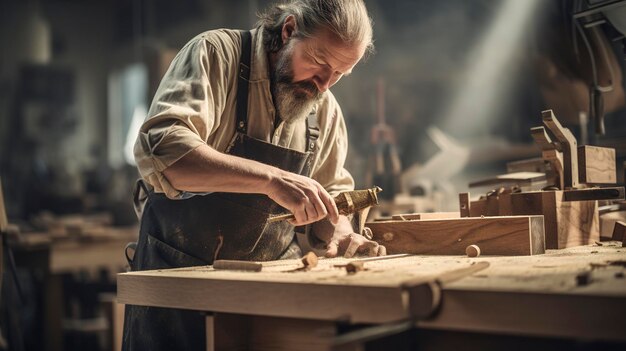 A photo of a woodworker crafting handmade furniture